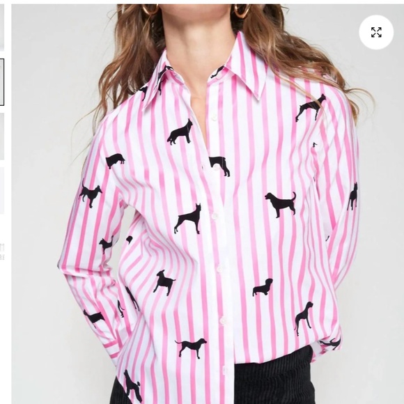vilagallo mafalda cotton shirt pink white striped flocked dogs sz 46 10 - Picture 2 of 7